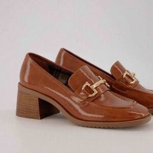 Cushionaire Royal Heel Brown Patent leather Loafers with Gold buckle